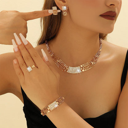 💎 Rhinestone Jewelry 4-Piece Set – Necklace, Earrings, Bracelet & Ring – Complete Your Look! ✨