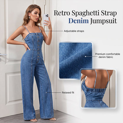 🥳2026 HOT SALE💞Women Spaghetti Strap Wide Leg Denim Jumpsuit