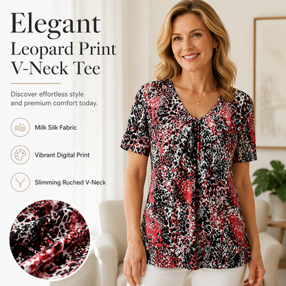 Women V Neck Leopard Print Short Sleeve T-Shirt Pleated Tunic Top