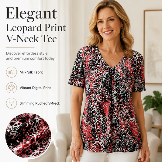 Women V Neck Leopard Print Short Sleeve T-Shirt Pleated Tunic Top