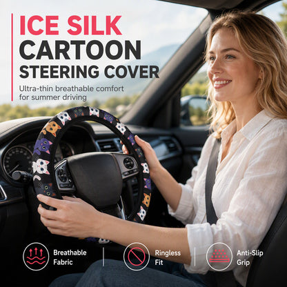 💥Buy 1 Get 1 Free🚗Universal 38cm Ringless Silk Steering Wheel Cover🐱Cute Cat-Head Print