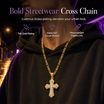 Hip Hop Double Layer Baguette Rhinestone Cross Brass with Figaro Chain