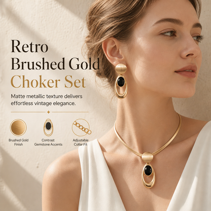 📢📢 50% OFF✨ Vintage Choker & Earring Set – Brushed Gold-Tone Finish & Black Stone Accents for Elegant Evenings