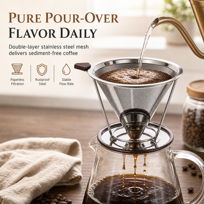 Reusable 304 Stainless Steel Double Layer Pour Over Coffee Filter Cone Drip Coffee Maker Funnel for 1 to 4 Cups